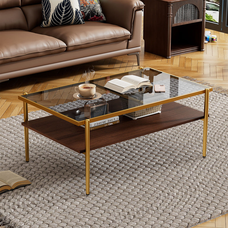 Rectangle Coffee Table With Tempered Glass Top And White Legs, Modern Table For Living Room