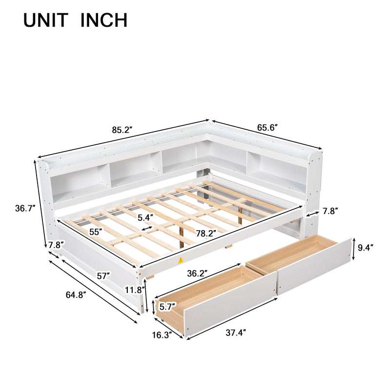 Full Bed With L-Shaped Bookcases, Drawers