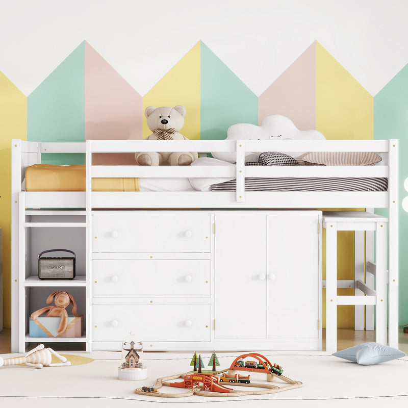 Twin Size Low Loft Bed With Pull-Out Desk, Drawers, Cabinet, and Shelves for White Color