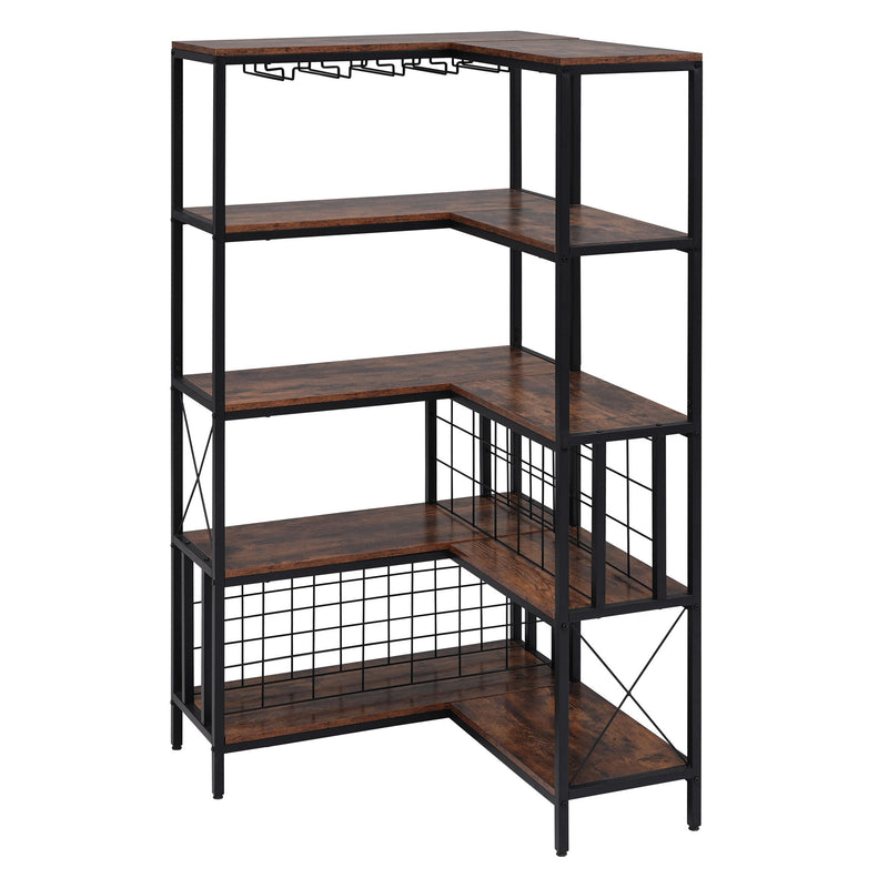 Corner Wine Rack Bar Cabinet Industrial Freestanding Floor Bar Cabinets For Liquor And Glasses Storage For Home Kitchen - Walnut / Black