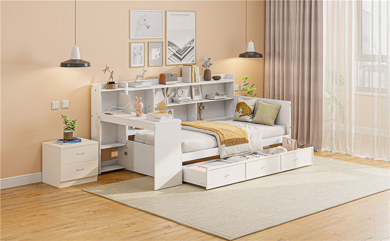 Twin Size Wooden Daybed With 3 Drawers, USB Ports And Desk - White