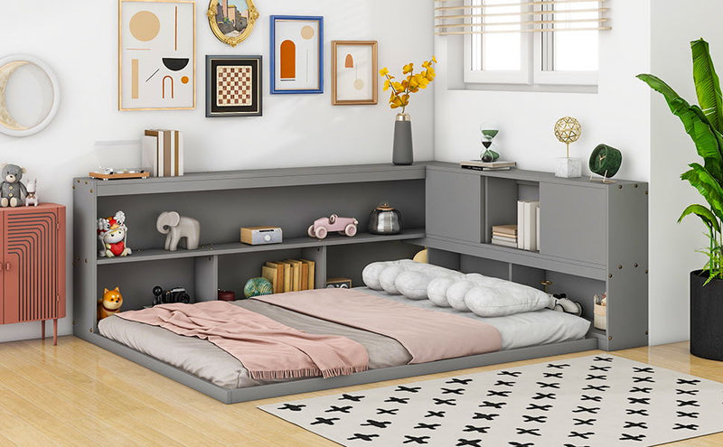 Floor Bed With L-Shaped Bookcases, Sliding Doors, Without Slats