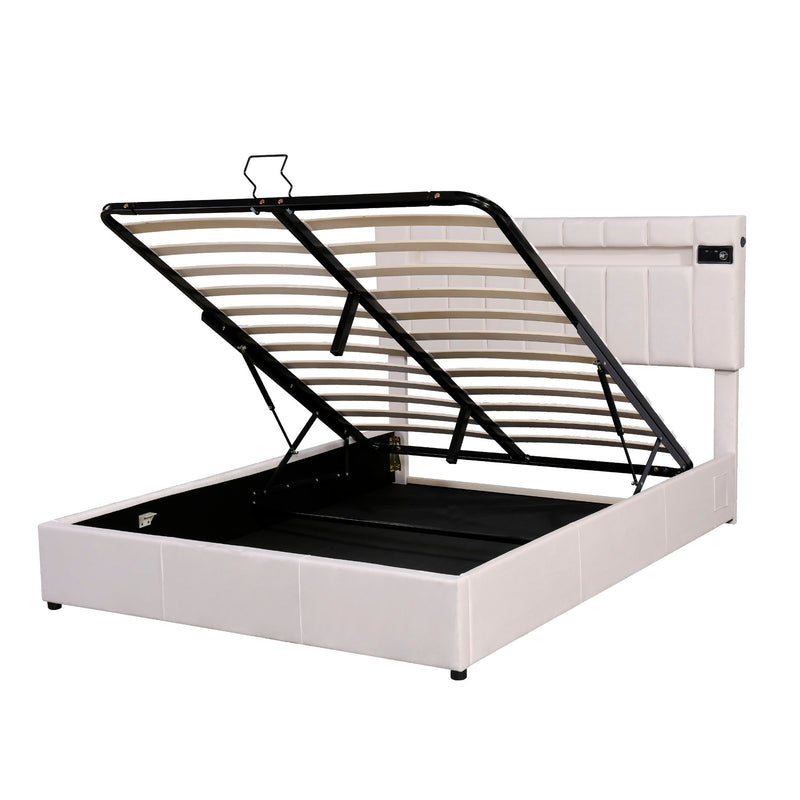 Queen Size Upholstered Bed With Led Light - Bluetooth Player And USB Charging, Hydraulic Storage Bed