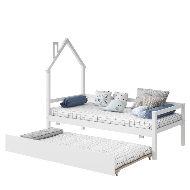 Twin House Wooden Daybed with trundle, Twin House-Shaped Headboard  bed with Guardrails,White