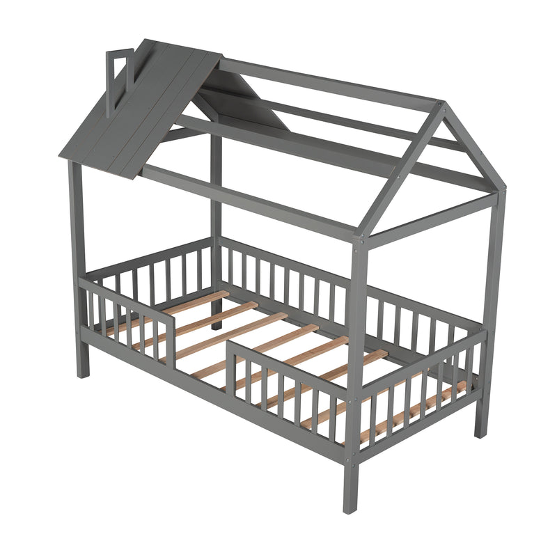 Twin Size Wood House Bed with Fence, Gray