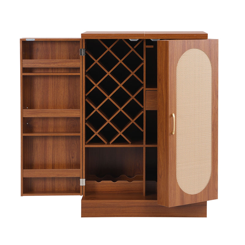 Home Bar Cabinet, Industrial Rattan Door Fold Out Bar Cabinet With Storage Bar Table - Walnut