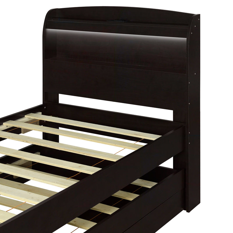 Twin XL Size Platform Bed with Storage LED Headboard, Charging Station, Twin Size Trundle and 2 Drawers, Dark Brown