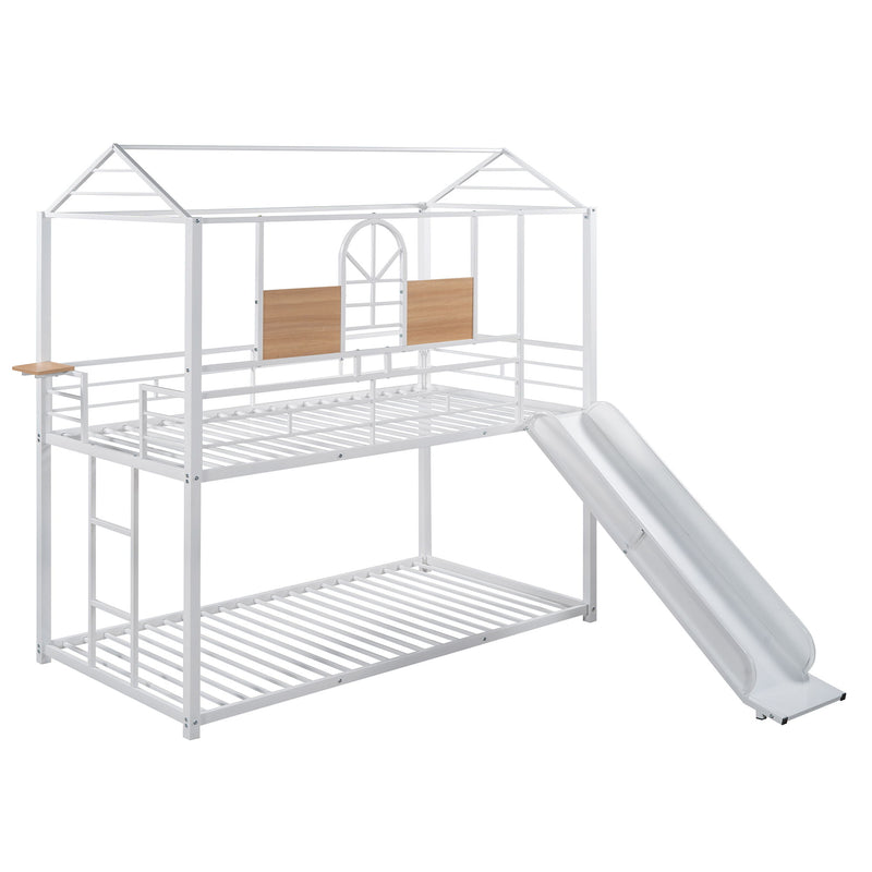 Twin Over Twin Metal Bunk Bed, Metal Housebed With Slide, Three Colors Available