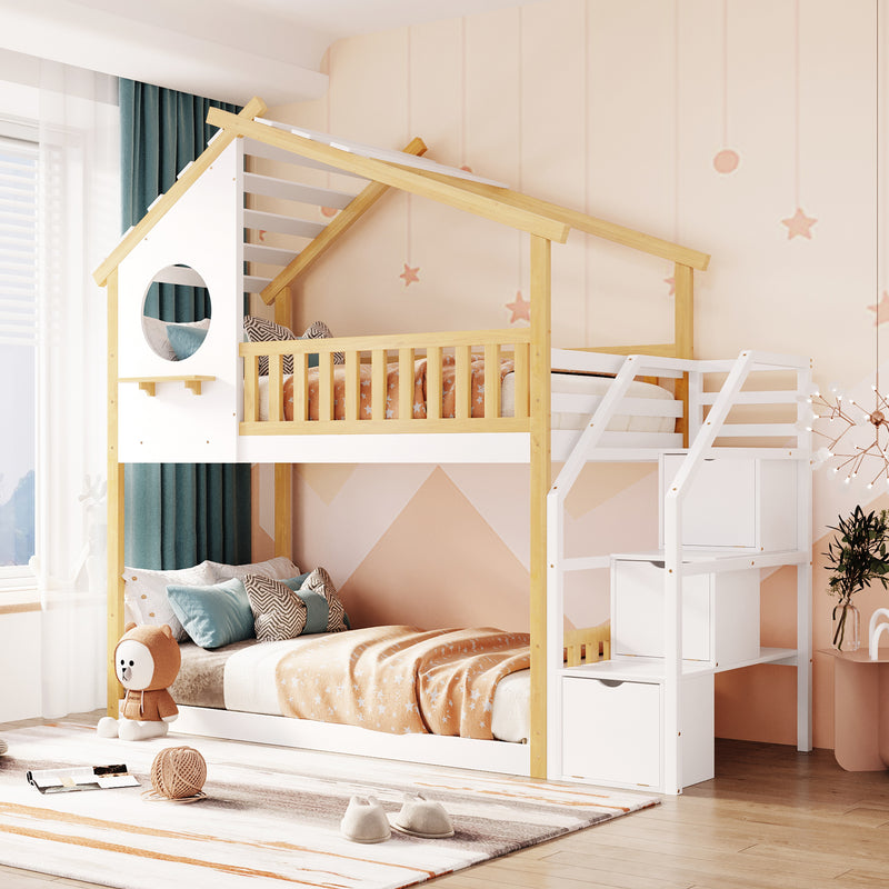 Stairway Twin-Over-Twin Bunk Bed,House Bed,Storage and Guard Rail,Natural Bed +White Stair(OLD SKU :LT000308AAK)