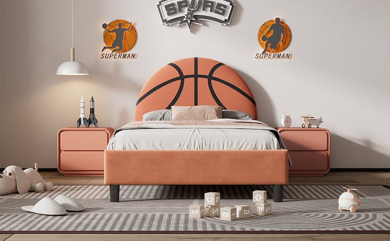 Basketball Design Upholstered Twin Platform Bed Sport Style Bed for Boys & Girls, Teens, Orange