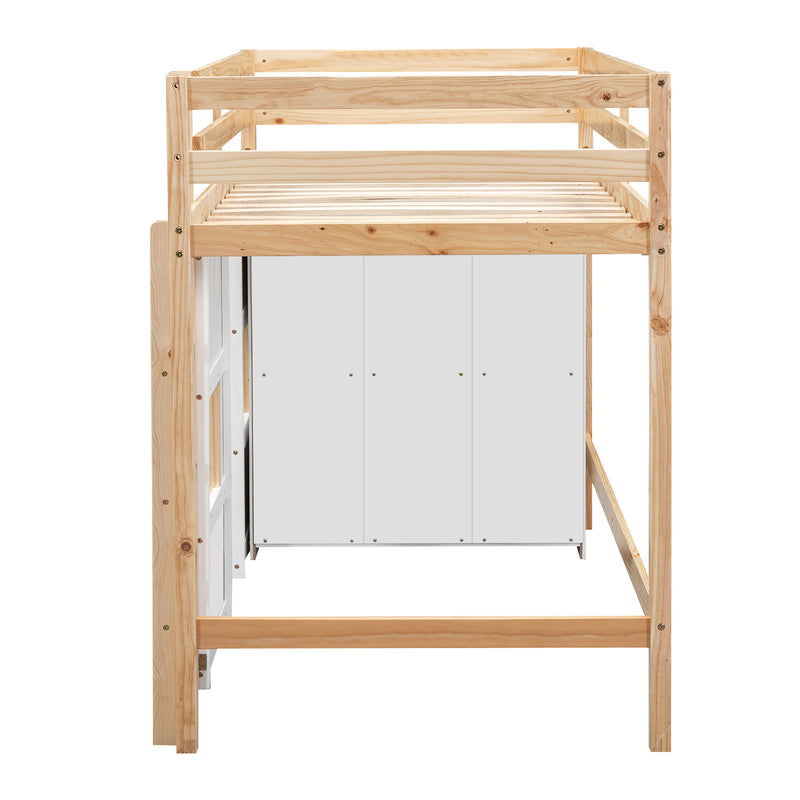 Wood Twin Size Loft Bed with Built-in Storage Wardrobe and 2 Windows, Natural/White