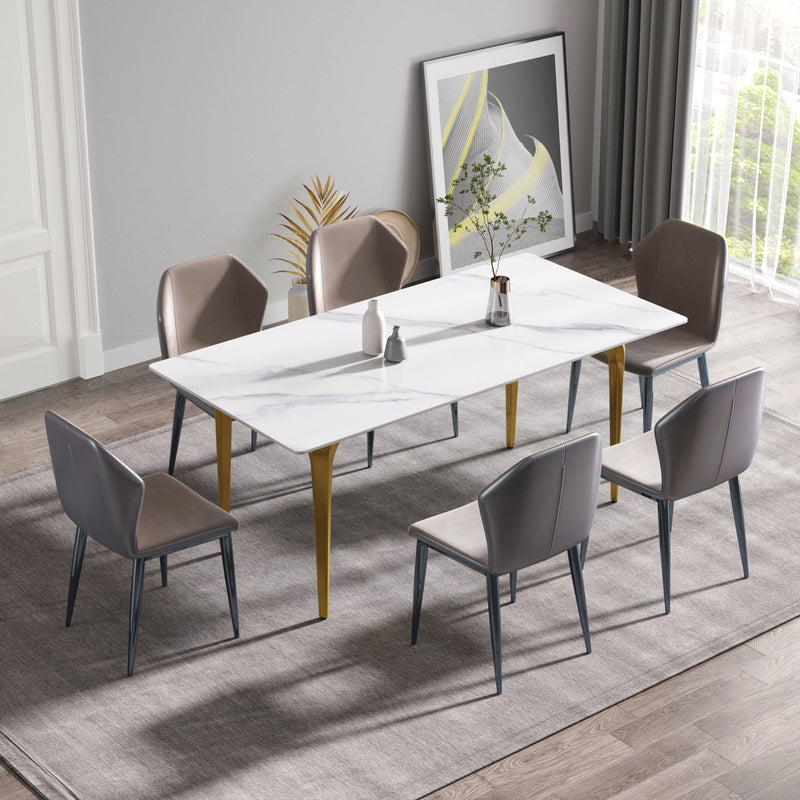 70.87" Modern Artificial Stone White Straight Edge Metal Leg Dining Table, Can Accommodate 6-8 People - White / Gold