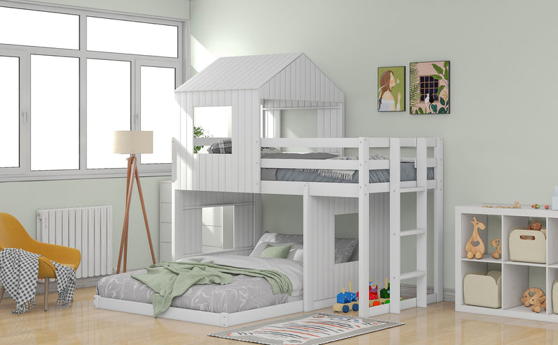 Wooden Twin Over Full Bunk Bed, Loft Bed With Playhouse, Farmhouse, Ladder And Guardrails - White