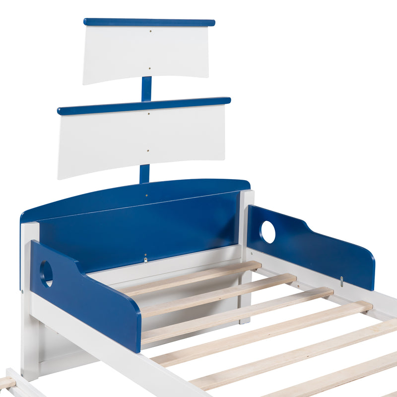 Twin Size Boat-Shaped Platform Bed with Twin size Trundle,Twin Bed with Storage for Bedroom,Blue