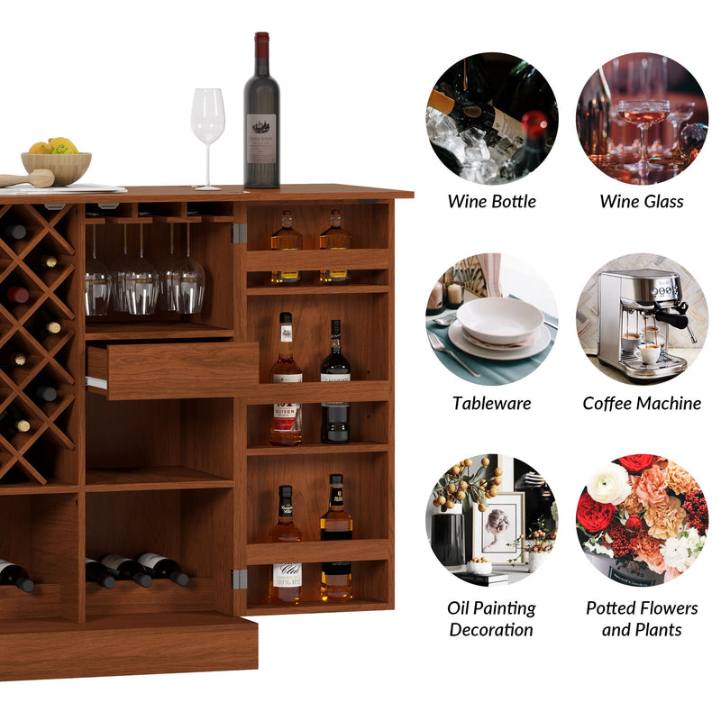 Home Bar Cabinet, Industrial Rattan Door Fold Out Bar Cabinet With Storage Bar Table - Walnut