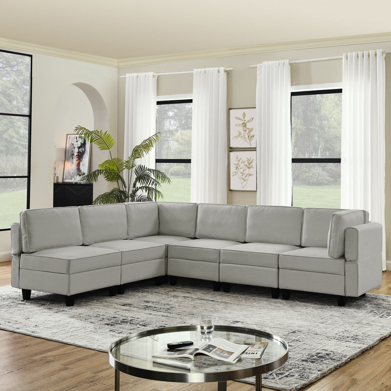 Linen Modular Sectional Sofa, U Shaped Couch With Adjustable Armrests And Backrests, 6 Seat Reversible Sofa Bed With Storage Seats For Living Room - Gray White