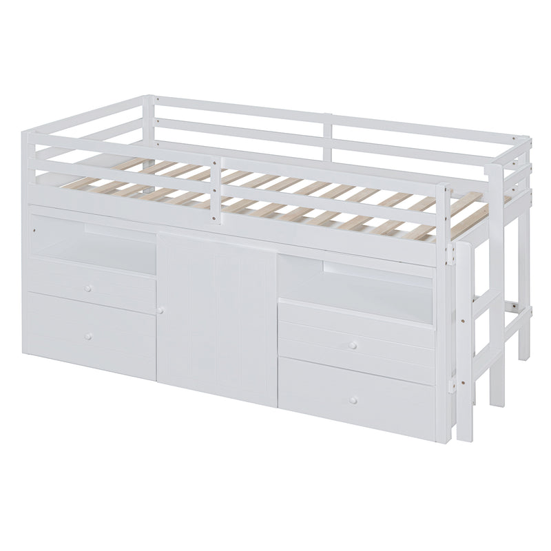 Twin Size Loft Bed with 4 Drawers, Underneath Cabinet and Shelves, White