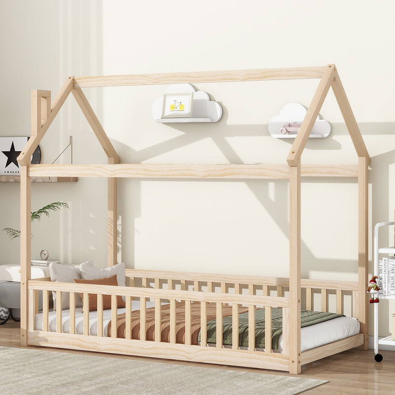 Twin House Bed with Guardrails, Slats ,Natural