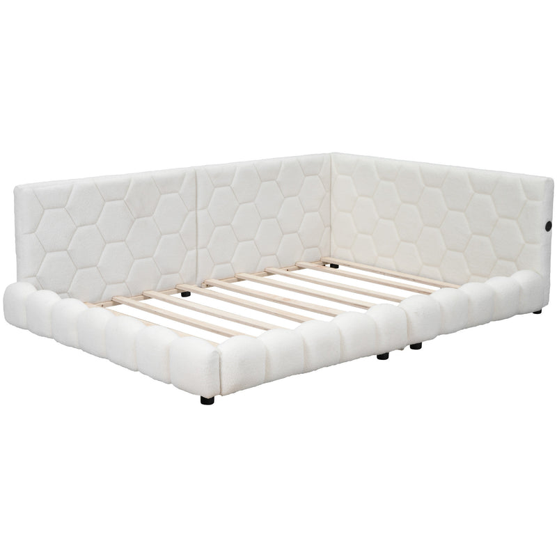 Upholstered Full Size platform bed with USB Ports and LED belt, White