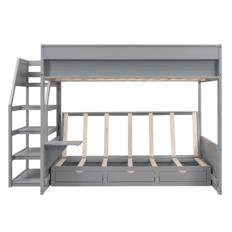 Wood Full Size Convertible Bunk Bed with Storage Staircase, Bedside Table, and 3 Drawers, Gray