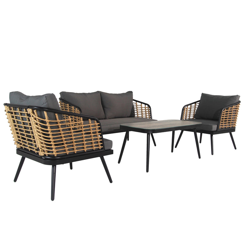 4 Pieces Patio Furniture Set, PE Rattan Wicker With Washable Cushion And Tempered Glass Tabletop, Conversation Furniture For Garden Poolside Balcony