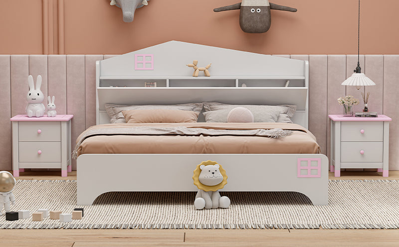 Wooden Full Size House Bed with Storage Headboard ,Kids Bed with Storage Shelf,White