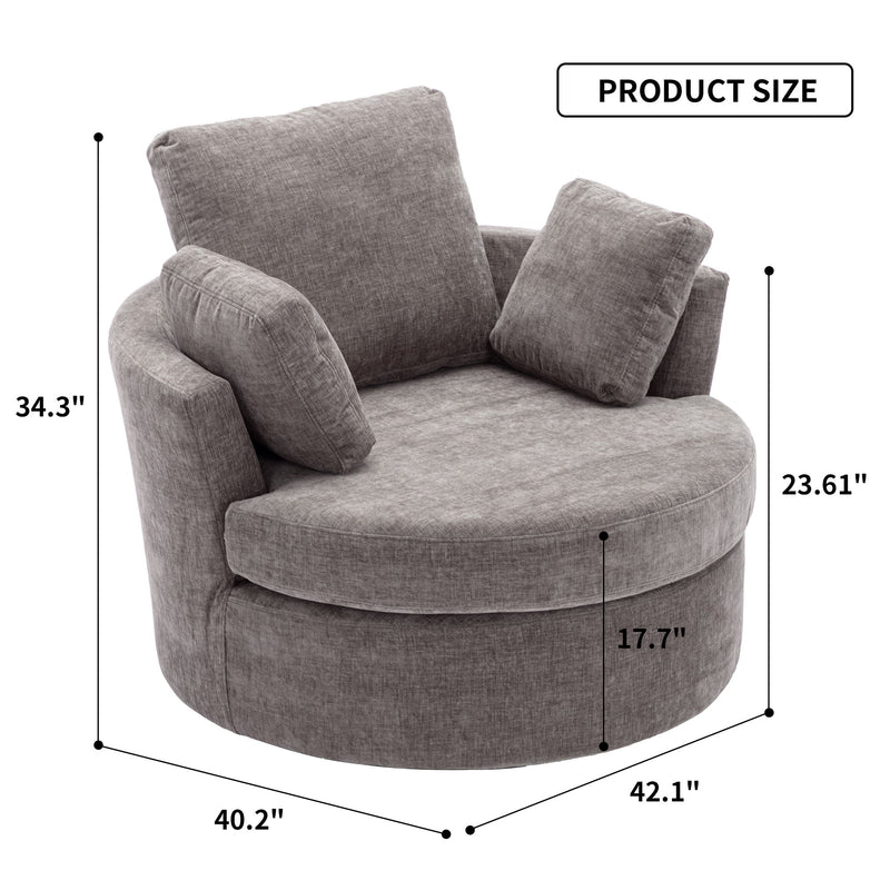 Oversize Round Swivel Chair Cozy Club 360 Degrees Swivel Sofa With 3 Pillows Chenille Fabric For Living Room Lounge Hotel - Gray