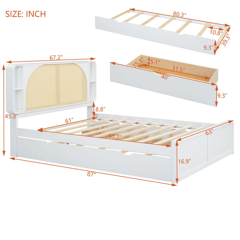 Queen Size Rattan Headboard Bed With Two Drawers And Trundle - White