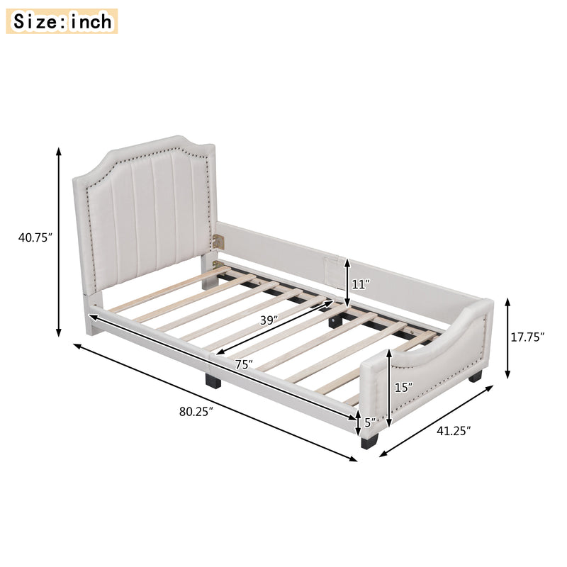 Twin Size Upholstered Platform Bed with Nailhead Trim Decoration and Guardrail, Beige