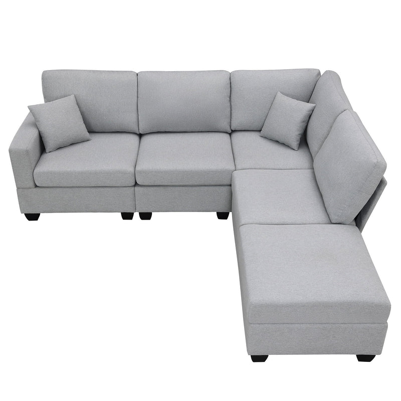 Modern Sectional Sofa, 5-Seat Modular Couch Set With Convertible Ottoman, L-Shape Linen Fabric Corner Couch Set With 2 Pillows For Living Room, Apartment, Office