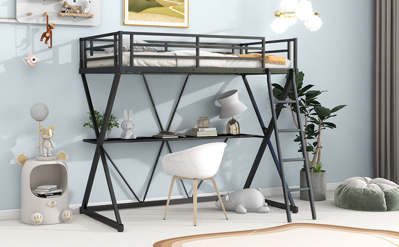 Twin Size Loft Bed with Desk, Ladder and Full-Length Guardrails, X-Shaped Frame, Black(Old SKU: MF297073AAB)