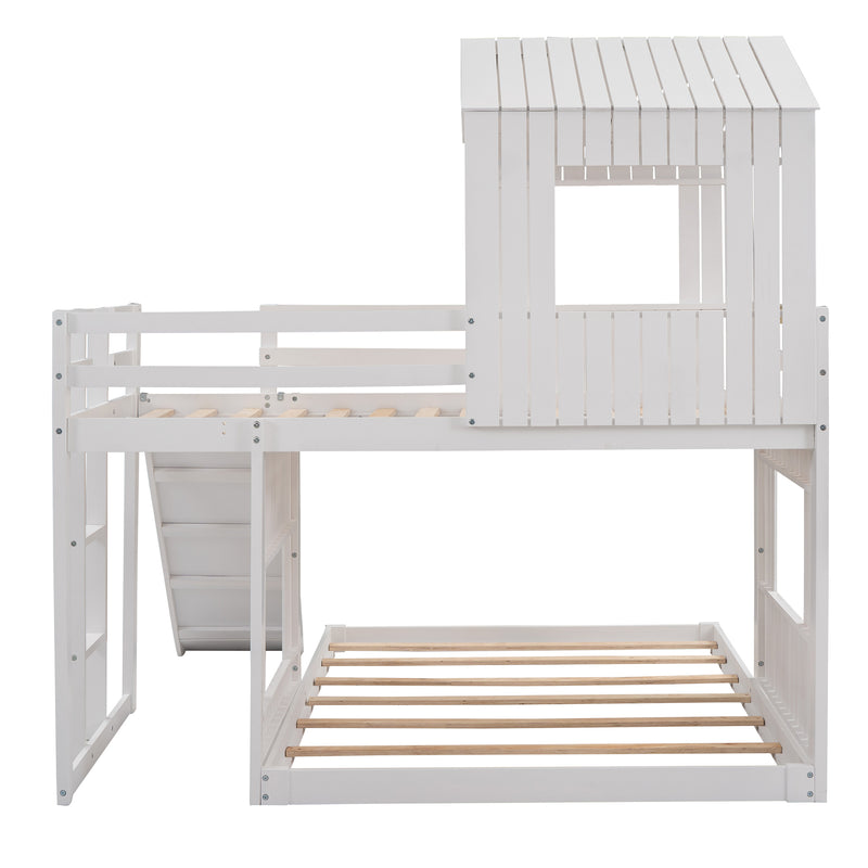 Wooden Twin Over Full Bunk Bed, Loft Bed with Playhouse, Farmhouse, Ladder, Slide and Guardrails, White(OLD SKU :LT000028AAK)