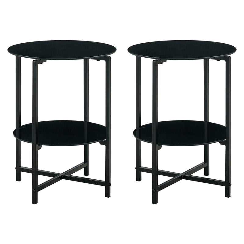 Jws-W241 Tempered Glass End Table (Set of 2) , Round Coffee Table For Bedroom Living Room Office - Black