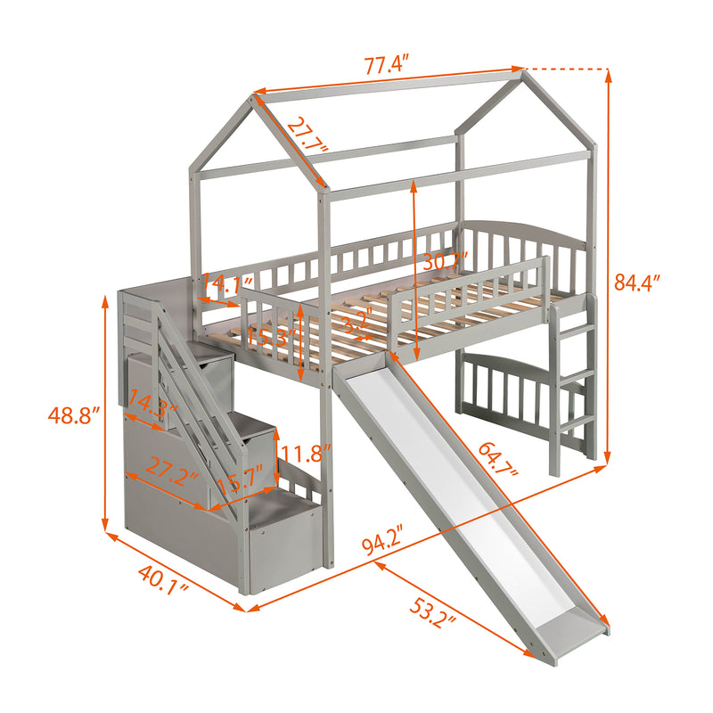 Twin Loft Bed with Two Drawers and Slide, House Bed with Slide, Gray (Old SKU: LP000130AAE)