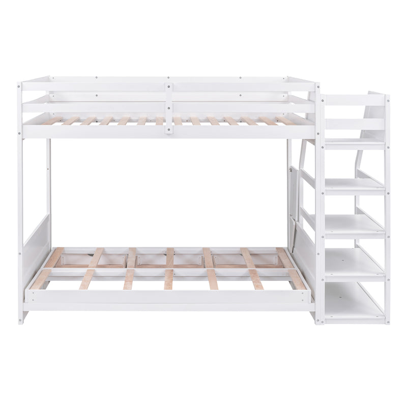 Wood Full Size Convertible Bunk Bed with Storage Staircase, Bedside Table, and 3 Drawers, White