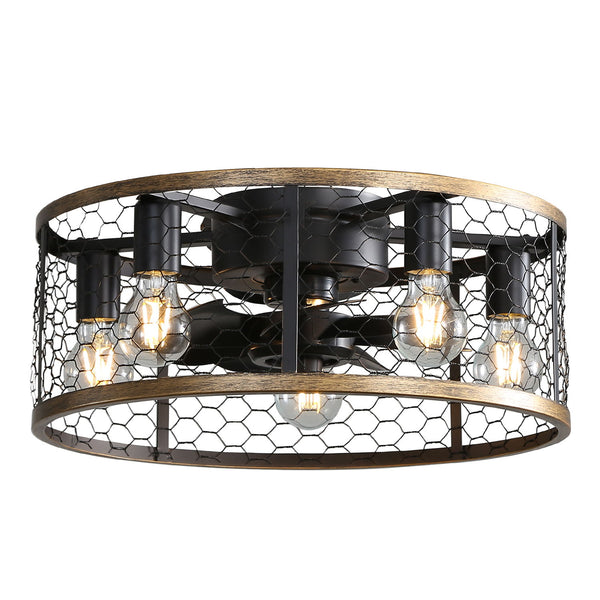 Industrial Caged Ceiling Fan, With 7-Abs Blades Remote Control Reversible Dc Motor, Small Flush Mount Ceiling Fan For Farmhouse - Black / Gold