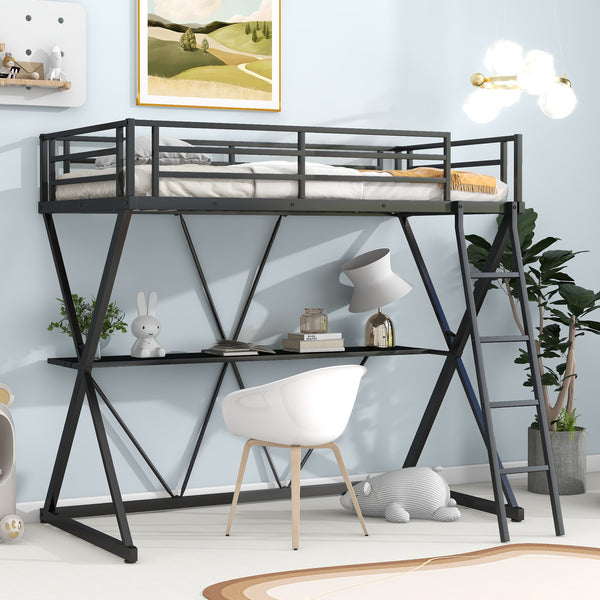 Twin Size Loft Bed with Desk, Ladder and Full-Length Guardrails, X-Shaped Frame, Black(Old SKU: MF297073AAB)