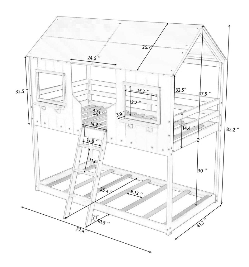 Twin Over Twin Bunk Bed Wood Bed With Roof, Window, Guardrail, Ladder - Gray