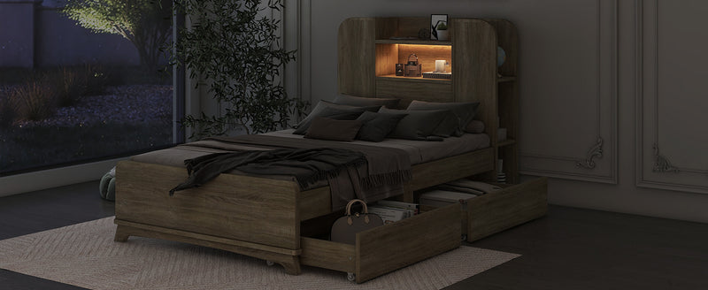 Twin Size Storage Platform Bed Frame with with Two Drawers and Light Strip Design in Headboard,Natural