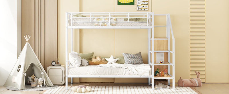 Twin Over Twin Metal Bunk Bed with Lateral Storage Ladder and Wardrobe, White