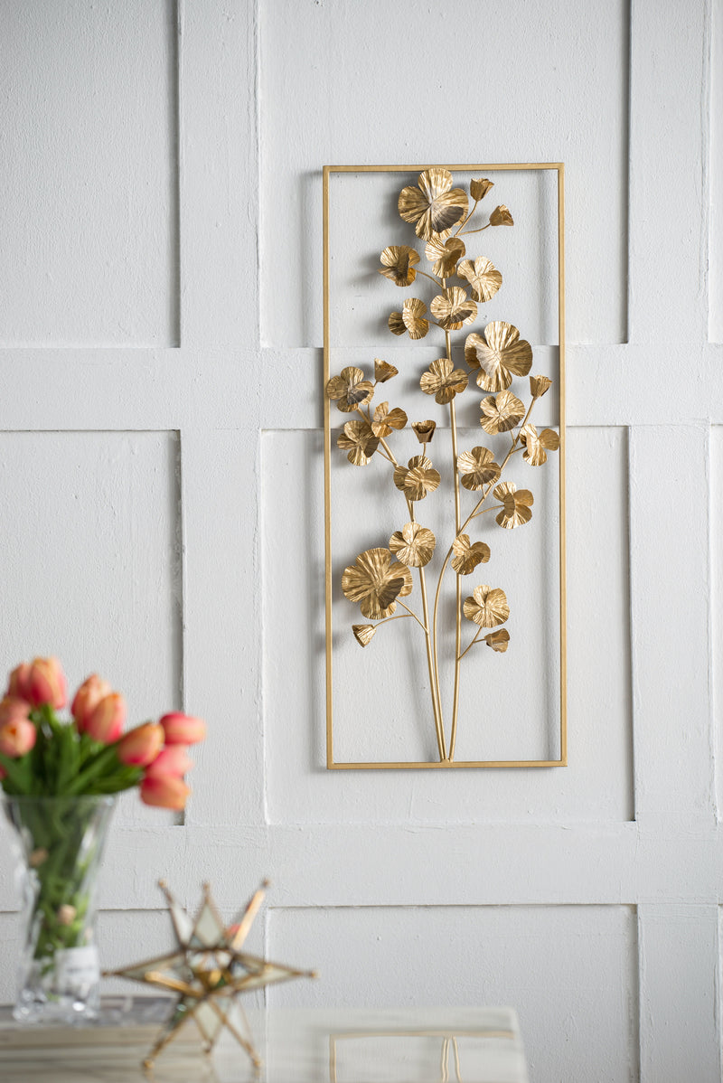 Metal Tree Wall Decor, Vertical Rectangular Flower Wall Accent - Gold