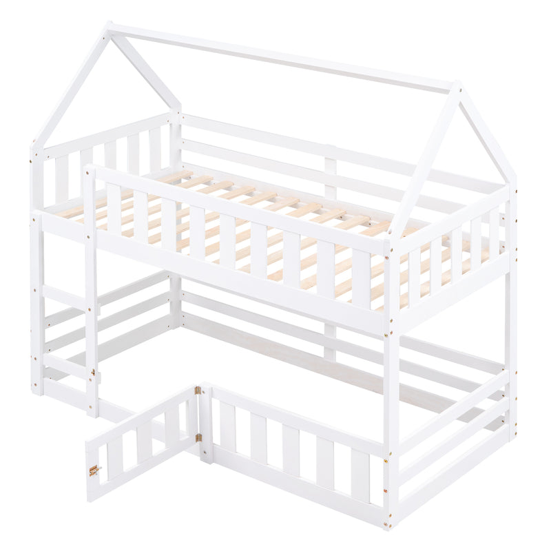 Twin over Twin House Bunk Bed with Fence and Door, White