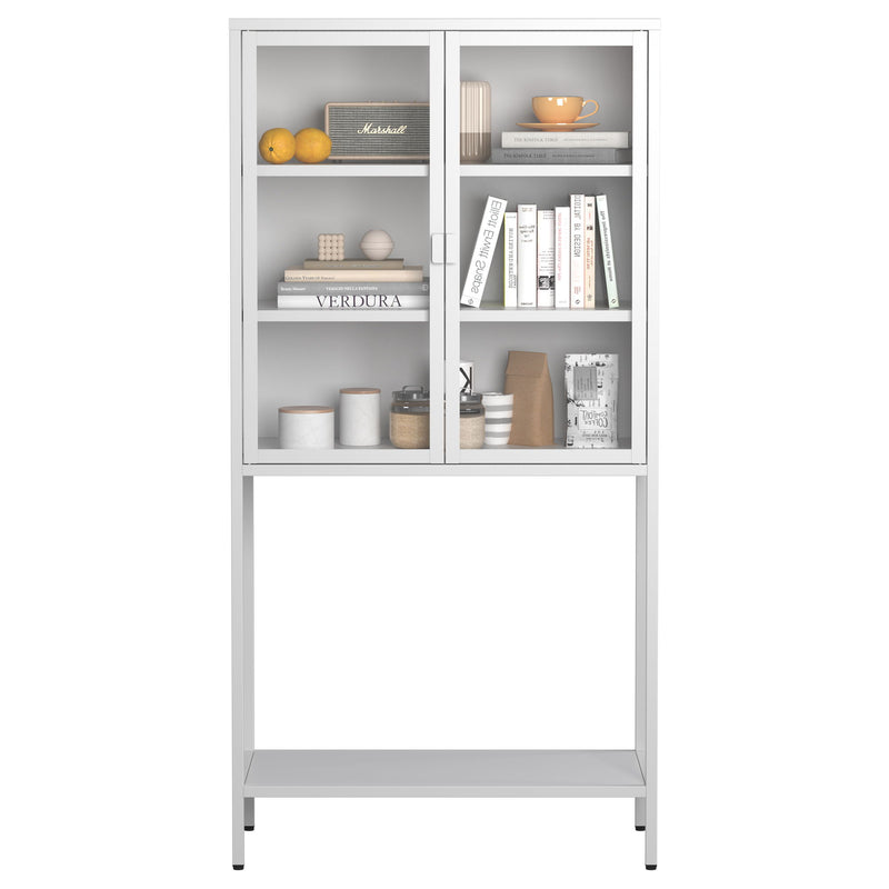 Heavy Duty Metal Storage Cabinet, Display Storage Cabinet With Glass Doors And 2 Adjustable Shelves, Tall Bookcase Modern Bookshelf Cabinet For Home Office, Living Room, Pantry - White