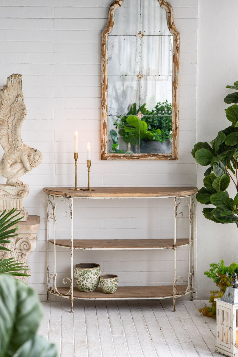 Three Tiered White Wooden Shelving Unit With Ornate Iron Frame - Multicolor