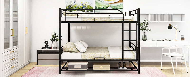 Full Over Full Metal Bunk Bed With Shelf And Guardrails