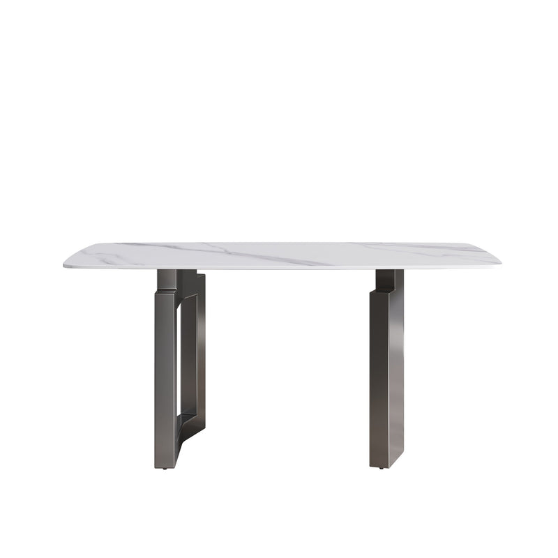 63" Modern Artificial Stone Curved Metal Leg Dining Table, 6 People - White / Black