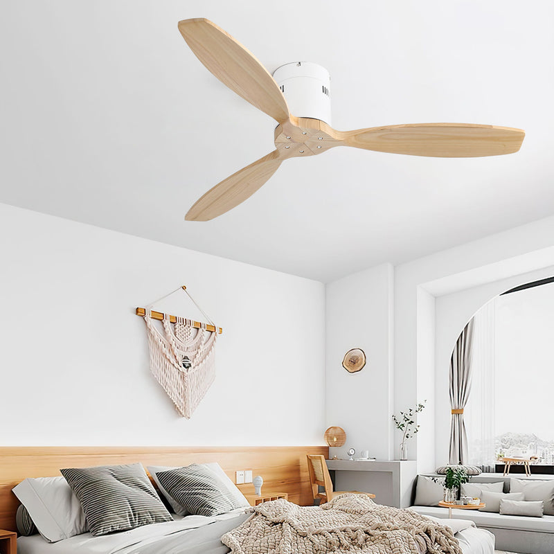 Decorative Solid Wood Ceiling Fan Without Light 6 Speed Remote Control Reversible Dc Motor For Home - Light Brown / White