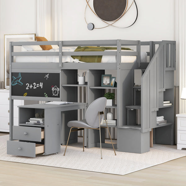 Twin Size Loft Bed with Pullable Desk and Storage Shelves,Staircase and Blackboard,Gray