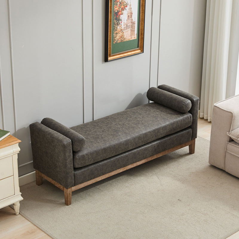 Elegant Upholstered Bench, Daybed, Ottoman With Wood Legs & 2 Bolster Pillows For End Of Bed, Bedroom, Living Room, Entryway