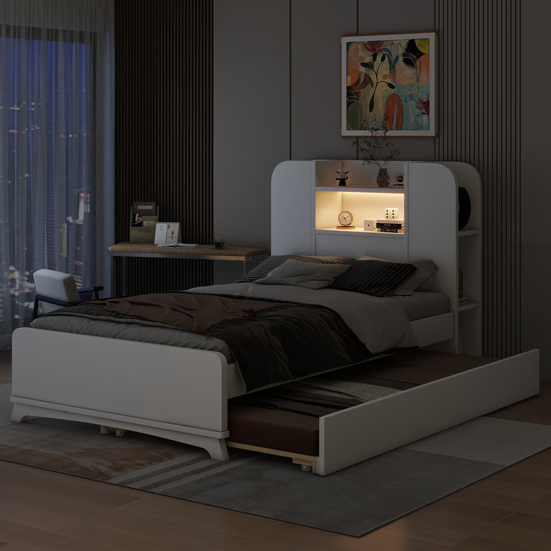 Twin Size Storage Platform Bed Frame with with Trundle and Light Strip Design in Headboard,White